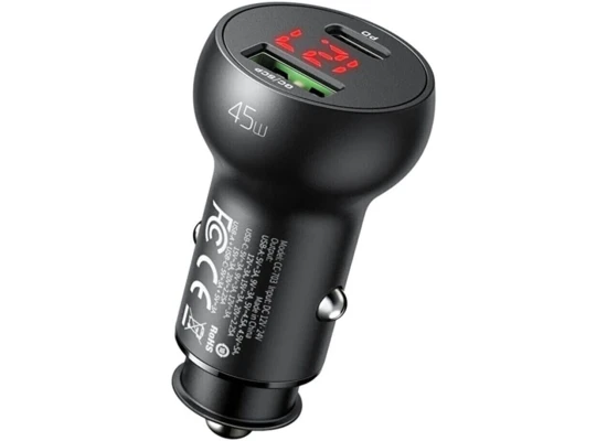 Mcdodo CC-7030 Car Charger, USB + USB-C, with Display, 45W (Black)